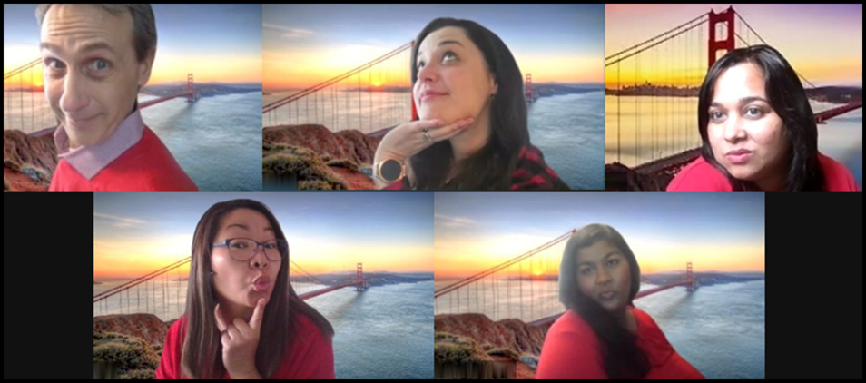 Team trivia players posing with Golden Gate Bridge virtual backgrounds