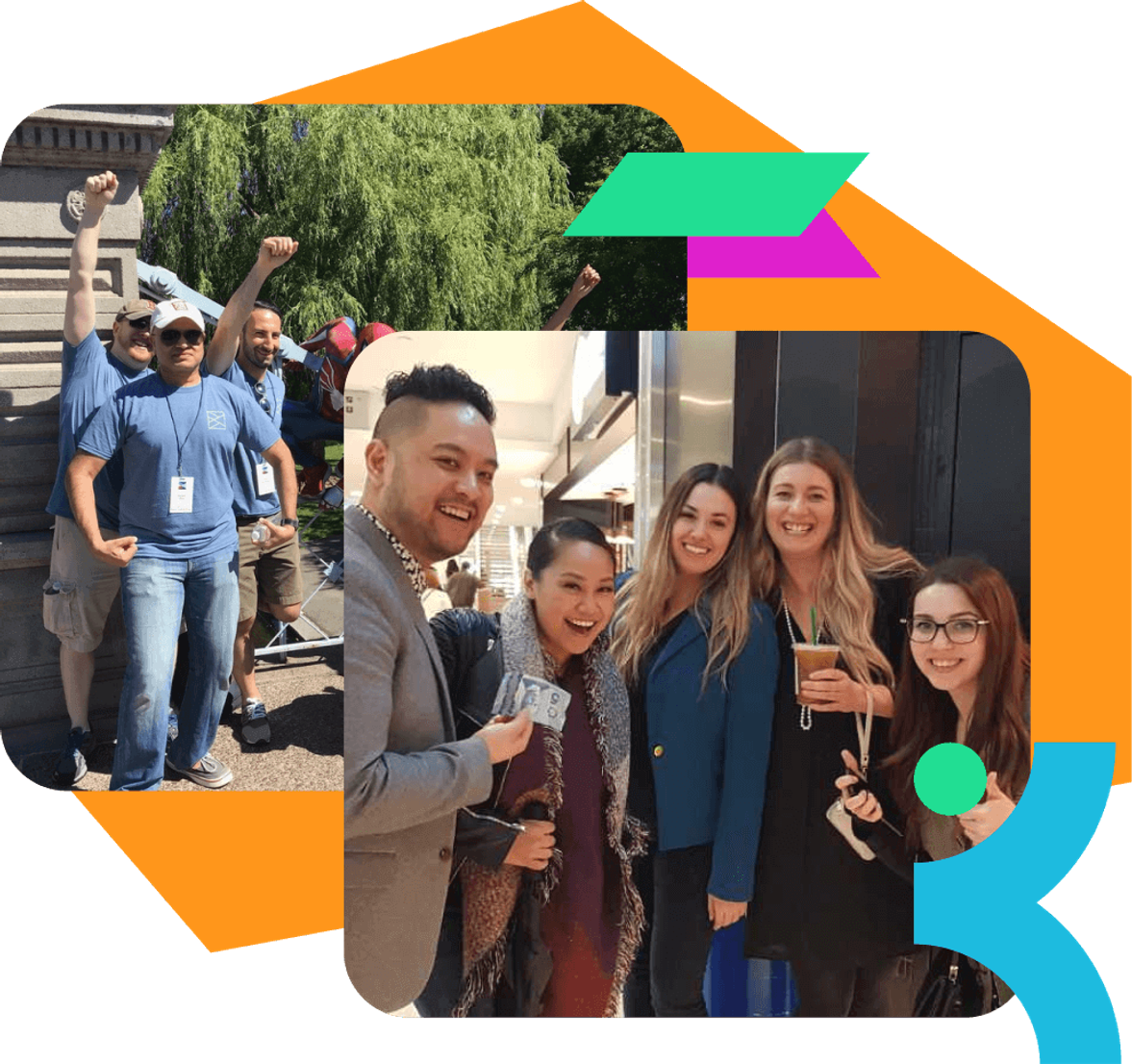 Team celebrating during an in-person Social Scavenger team building game