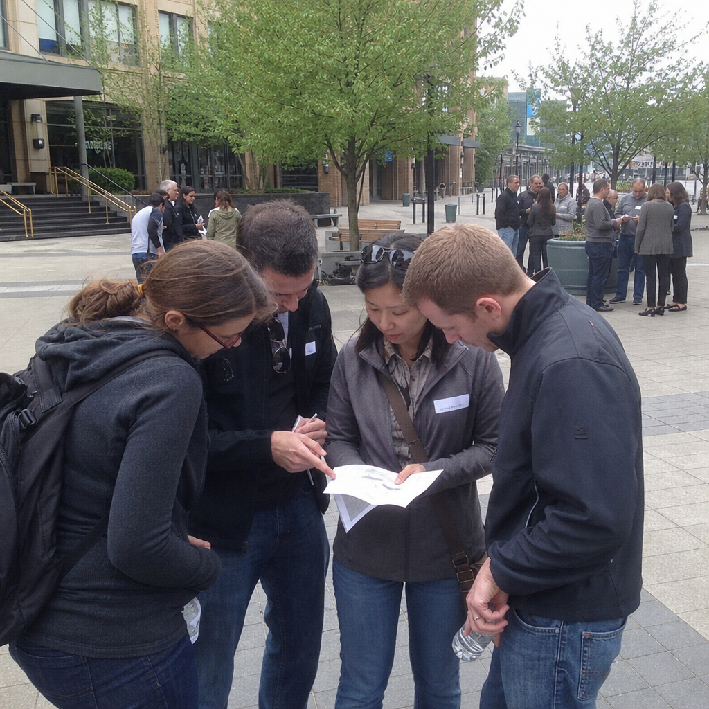 Illustrative scene of small teams of coworkers discussing city scavenger-hunt clues in a pedestrian plaza.