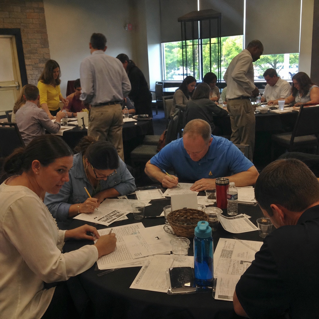 Illustrative scene of coworkers solving paper puzzles in small teams at a large-group workplace activity.