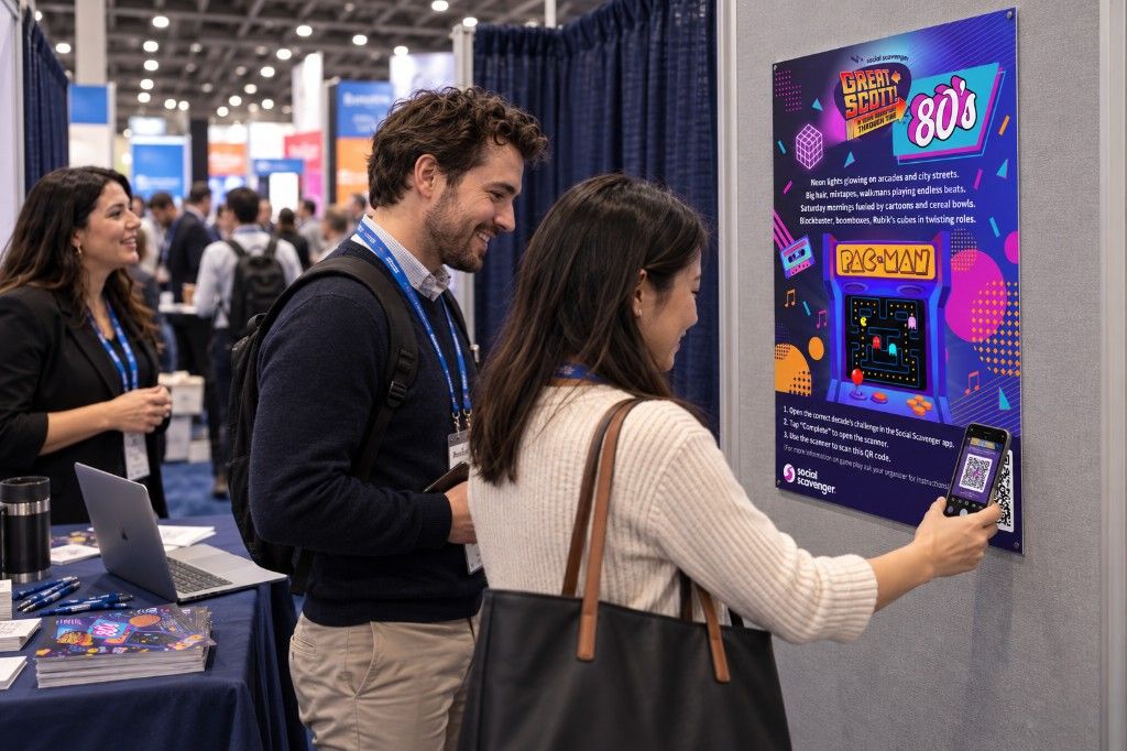Attendees scanning a booth poster to start a game
