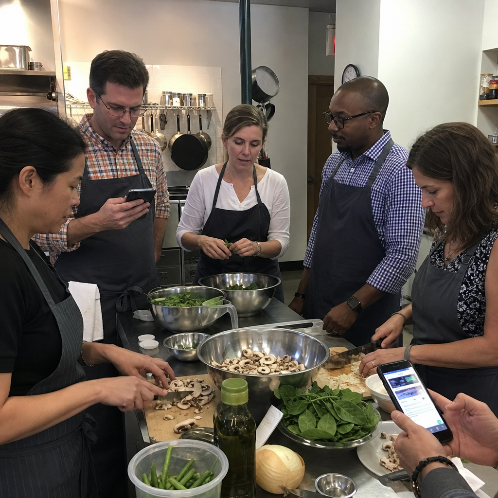 Coworkers sharing ingredient preparation during a corporate team building cooking activity.