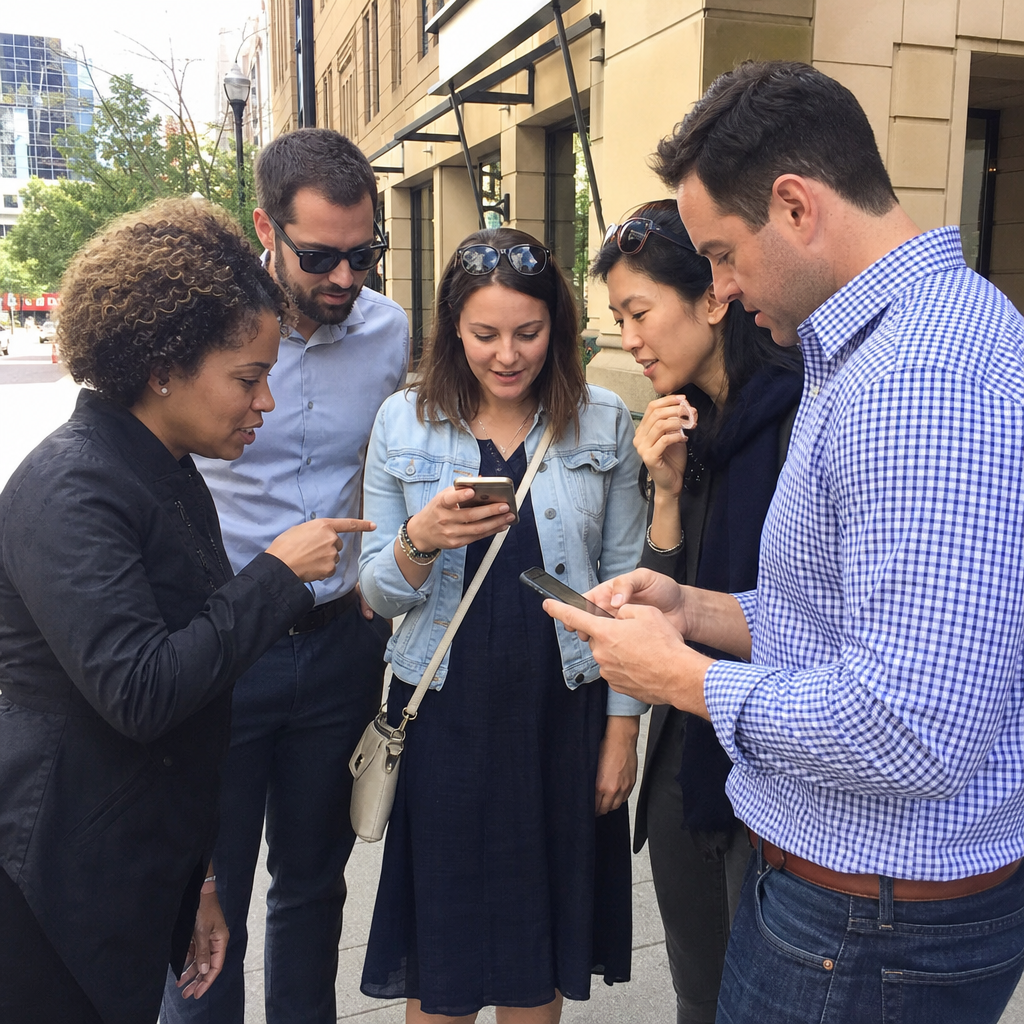 Coworkers holding smartphones and discussing a city scavenger hunt challenge during a corporate team event.