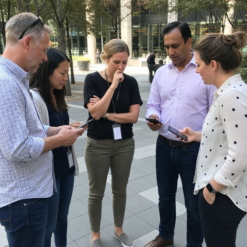 Coworkers discussing a clue during an outdoor corporate team building event