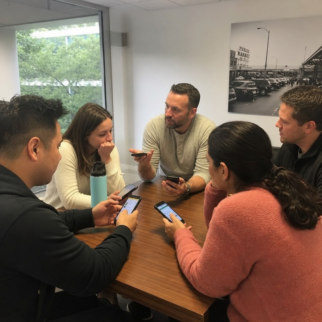 Coworkers collaborating on a smartphone team game during an office team building activity