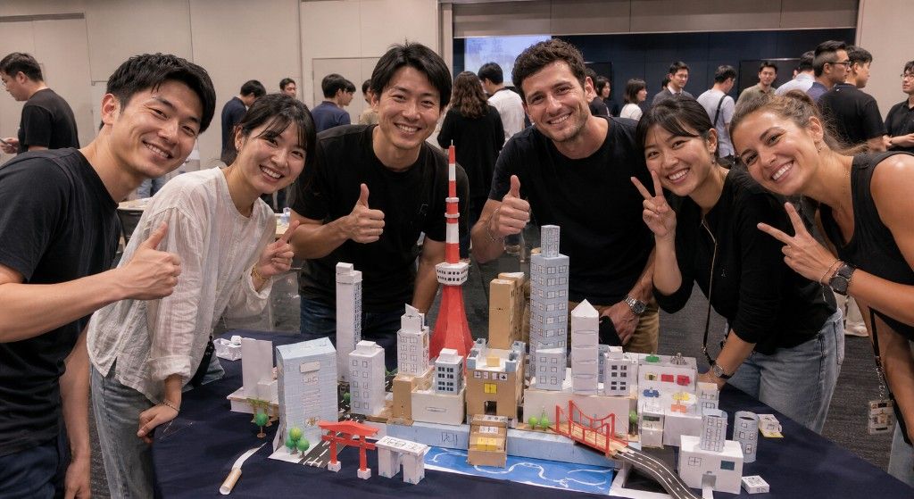Team posing behind a handmade Tokyo skyline model during the Grand Build