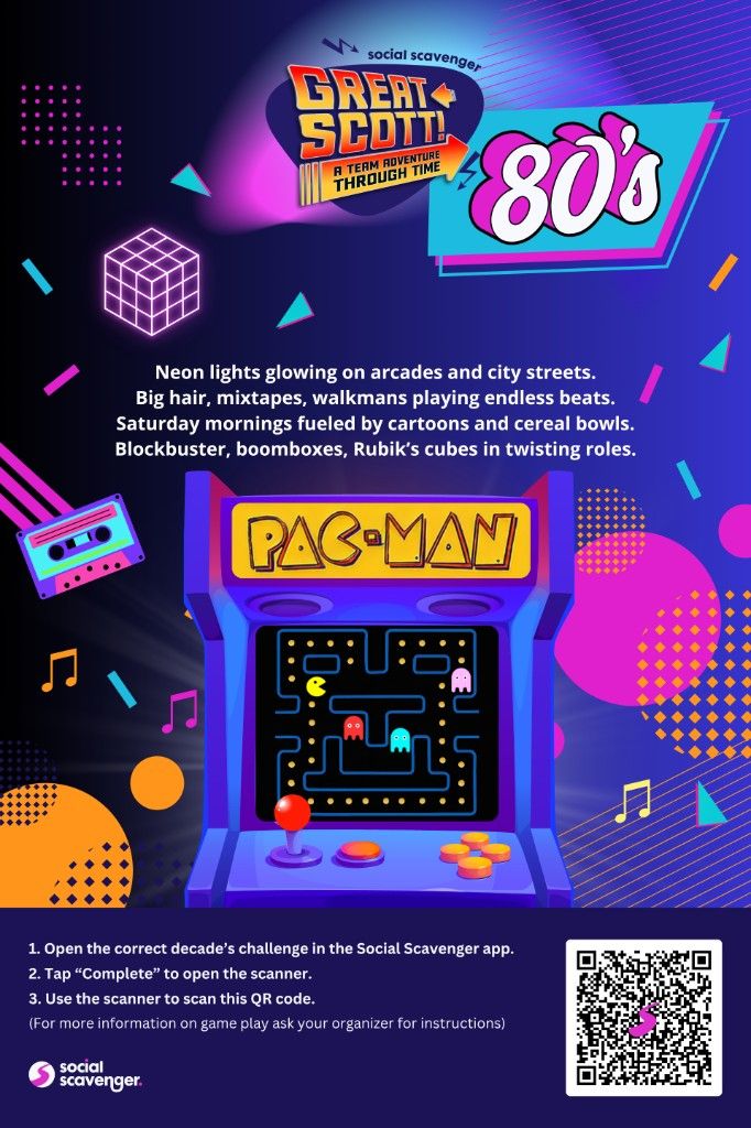Close view of a Great Scott 80s interactive poster with clues and QR code