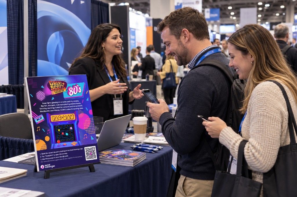 Attendees at a trade show booth playing a Great Scott challenge from a tabletop poster