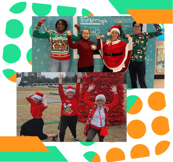 Teams celebrating during holiday in-person team building games