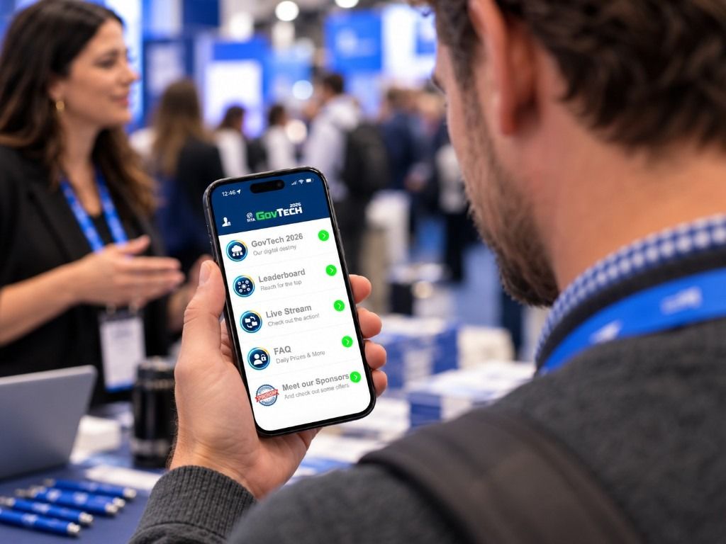 An attendee viewing an event app with GovTech 2026 and sponsors at a trade show