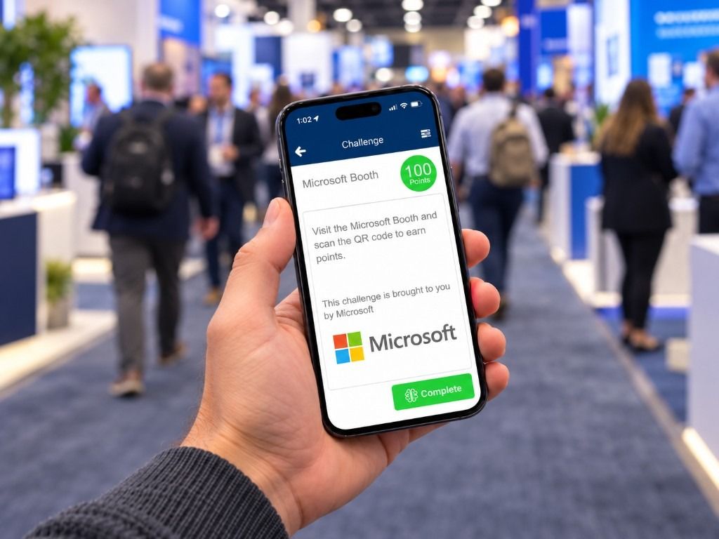 A phone showing a Microsoft booth challenge worth 100 points