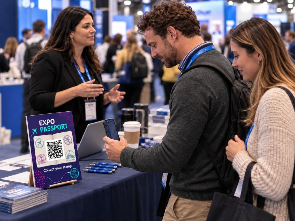 An attendee scanning an expo passport sign to collect a stamp