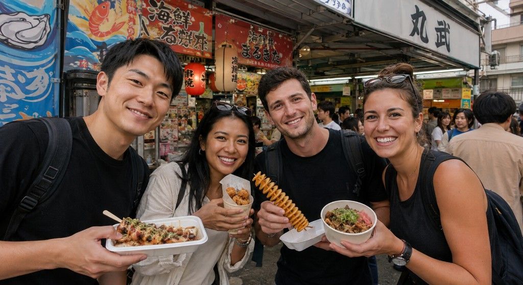 Team showing street food finds at a Tokyo market during Street Food Showdown