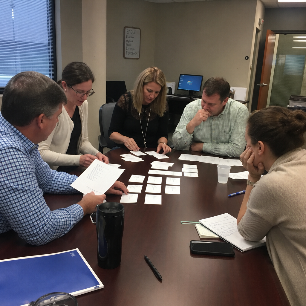 Five coworkers solving a tabletop puzzle during a small-group team-building activity.