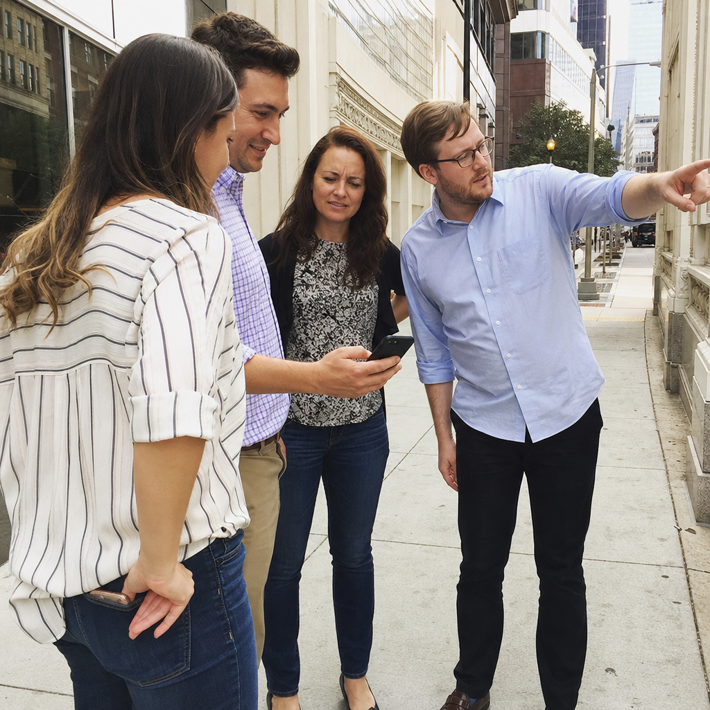 Four coworkers discussing a photo scavenger-hunt clue on a city sidewalk.