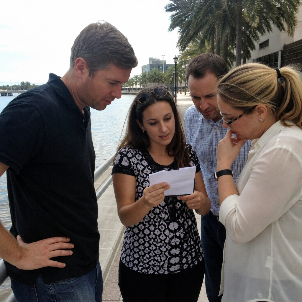 Coworkers discussing a Tampa team building challenge beside a waterfront walkway.
