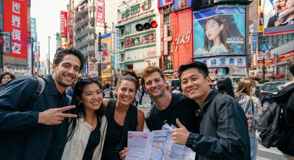 Team posing with a map on a busy Tokyo street during the Tokyo Sprint
