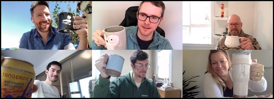 Virtual team trivia toast with mugs and drinks on screen