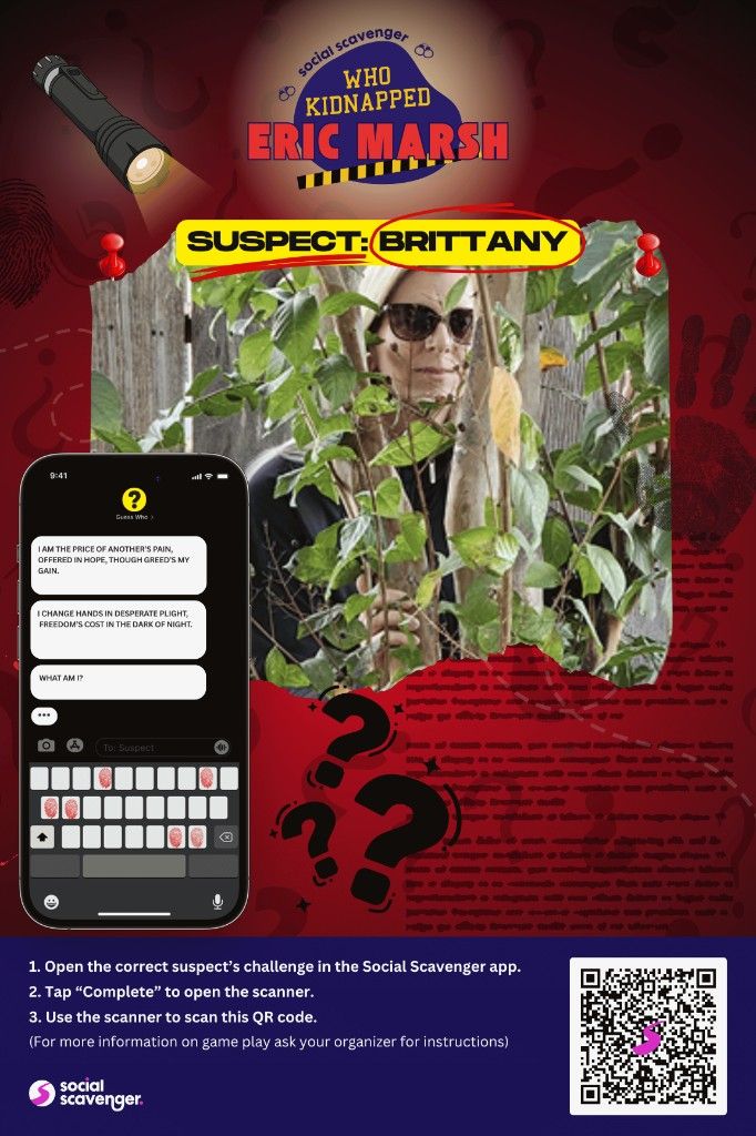 Custom Who Kidnapped YOUR Boss suspect poster featuring a team member with app riddle overlay